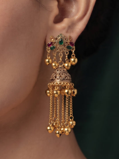 Gold Plated Oxidized With Beaded Traditional Jhumka