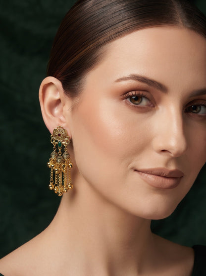Gold-Toned Oxidised Long Chain Drop Earrings with Ghungroo Charms