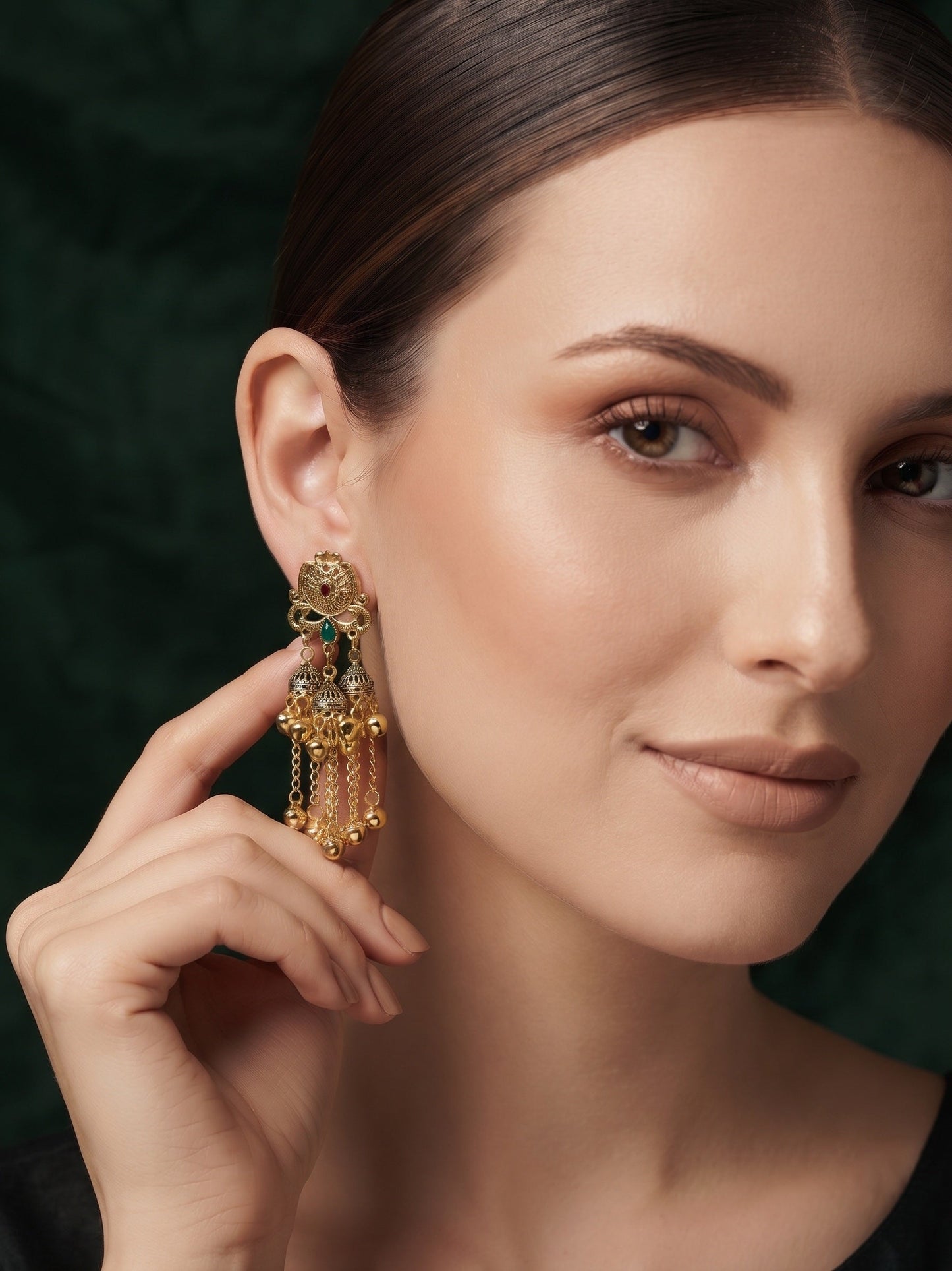 Gold-Toned Oxidised Long Chain Drop Earrings with Ghungroo Charms