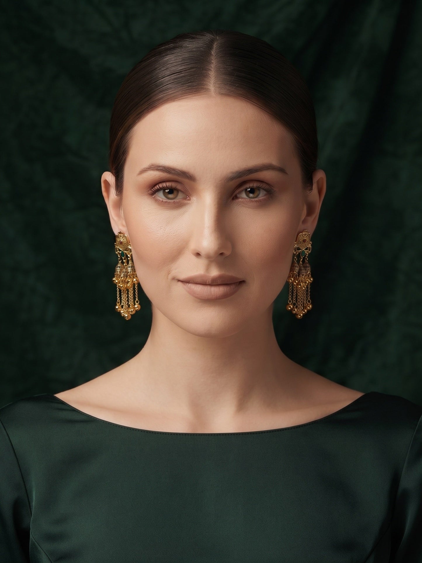 Gold-Toned Oxidised Long Chain Drop Earrings with Ghungroo Charms