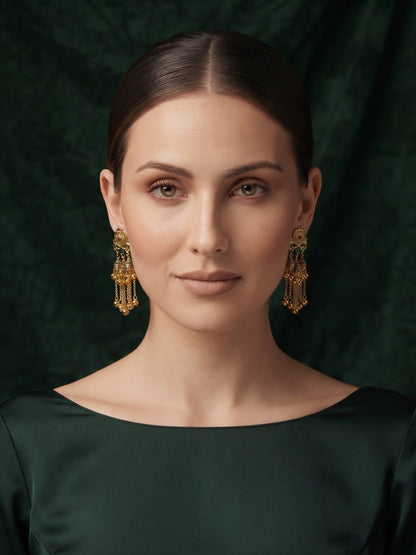 Gold-Toned Oxidised Long Chain Drop Earrings with Ghungroo Charms