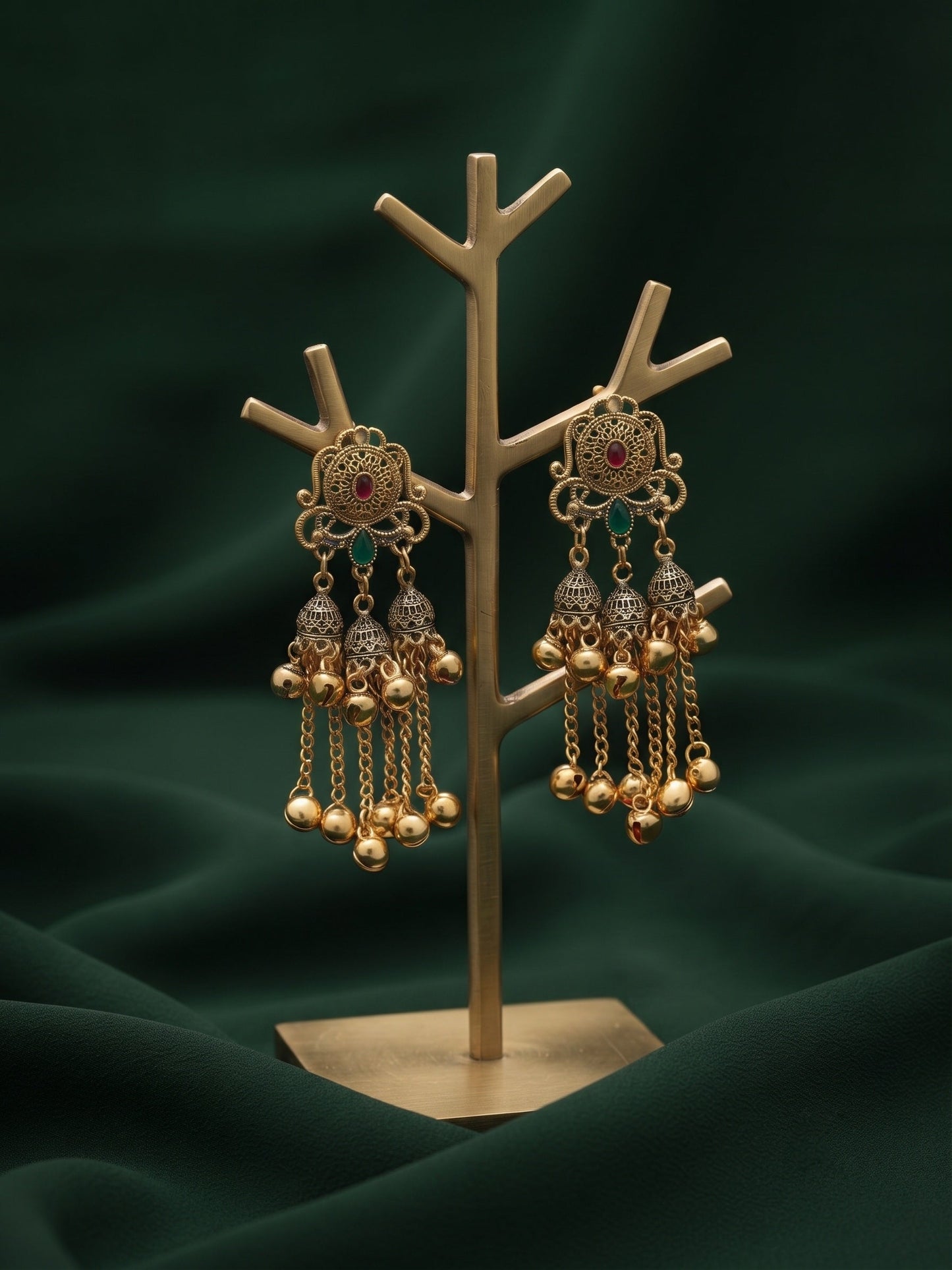 Gold-Toned Oxidised Long Chain Drop Earrings with Ghungroo Charms
