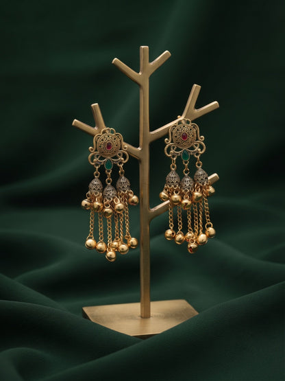 Gold-Toned Oxidised Long Chain Drop Earrings with Ghungroo Charms