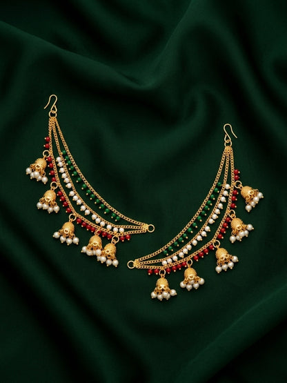 Gold Plated With Pearls & Beaded Traditional Ear Chain