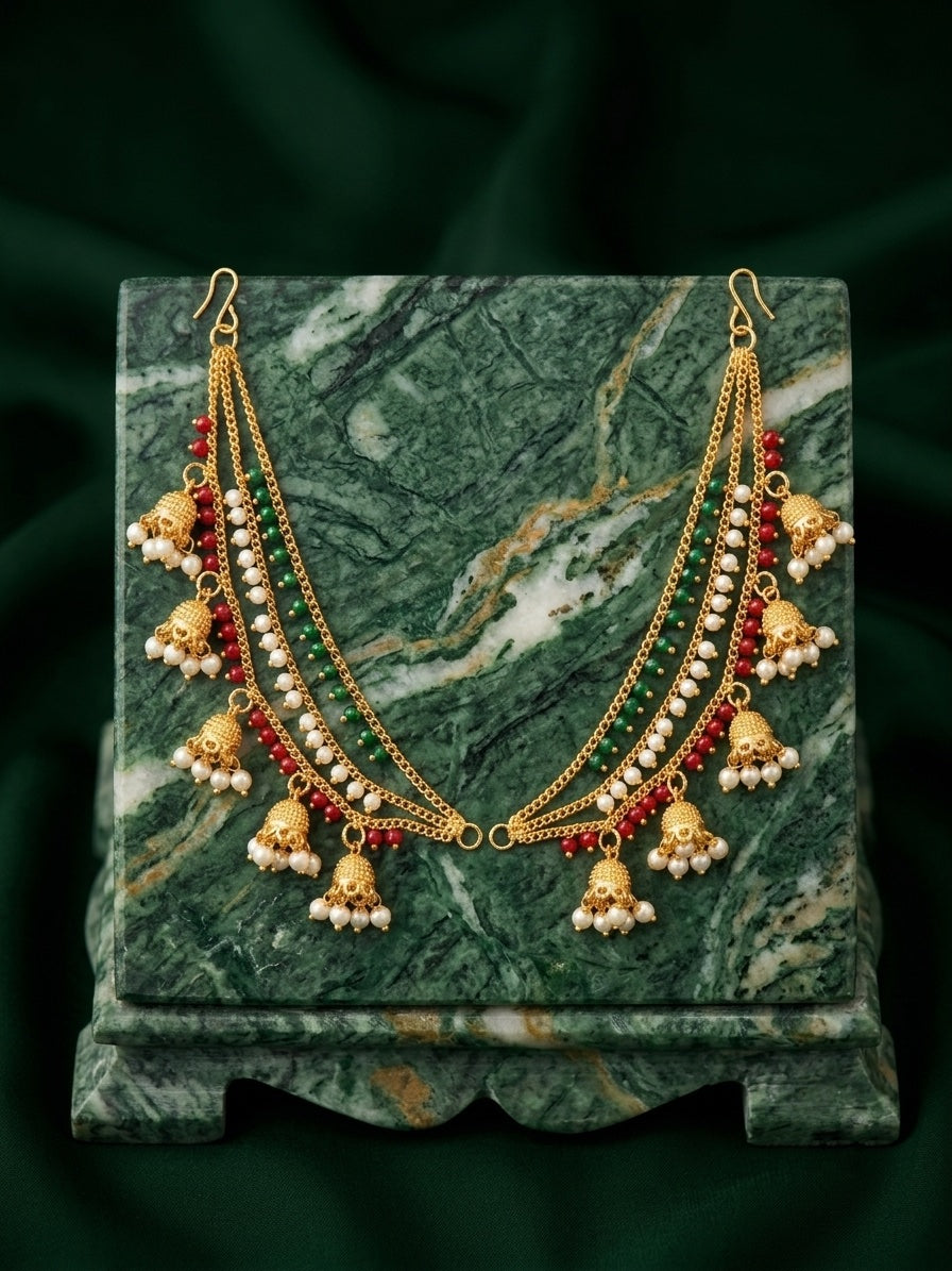 Gold Plated With Pearls & Beaded Traditional Ear Chain