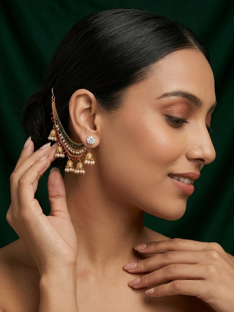 Gold Plated With Pearls & Beaded Traditional Ear Chain