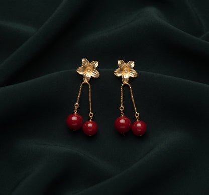 Gold Plated Stylish Fancy Flower Beaded Drop Earrings