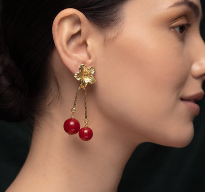 Gold Plated Stylish Fancy Flower Beaded Drop Earrings