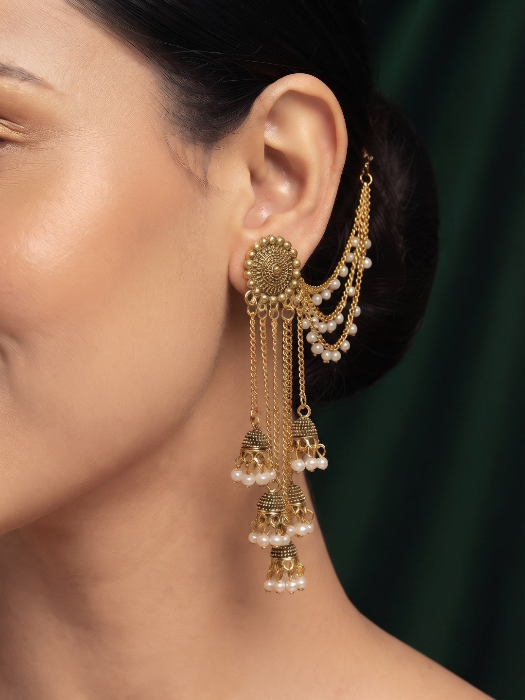 Gold-Toned Pearl-Embellished Layered Chain Jhumka Statement Earrings