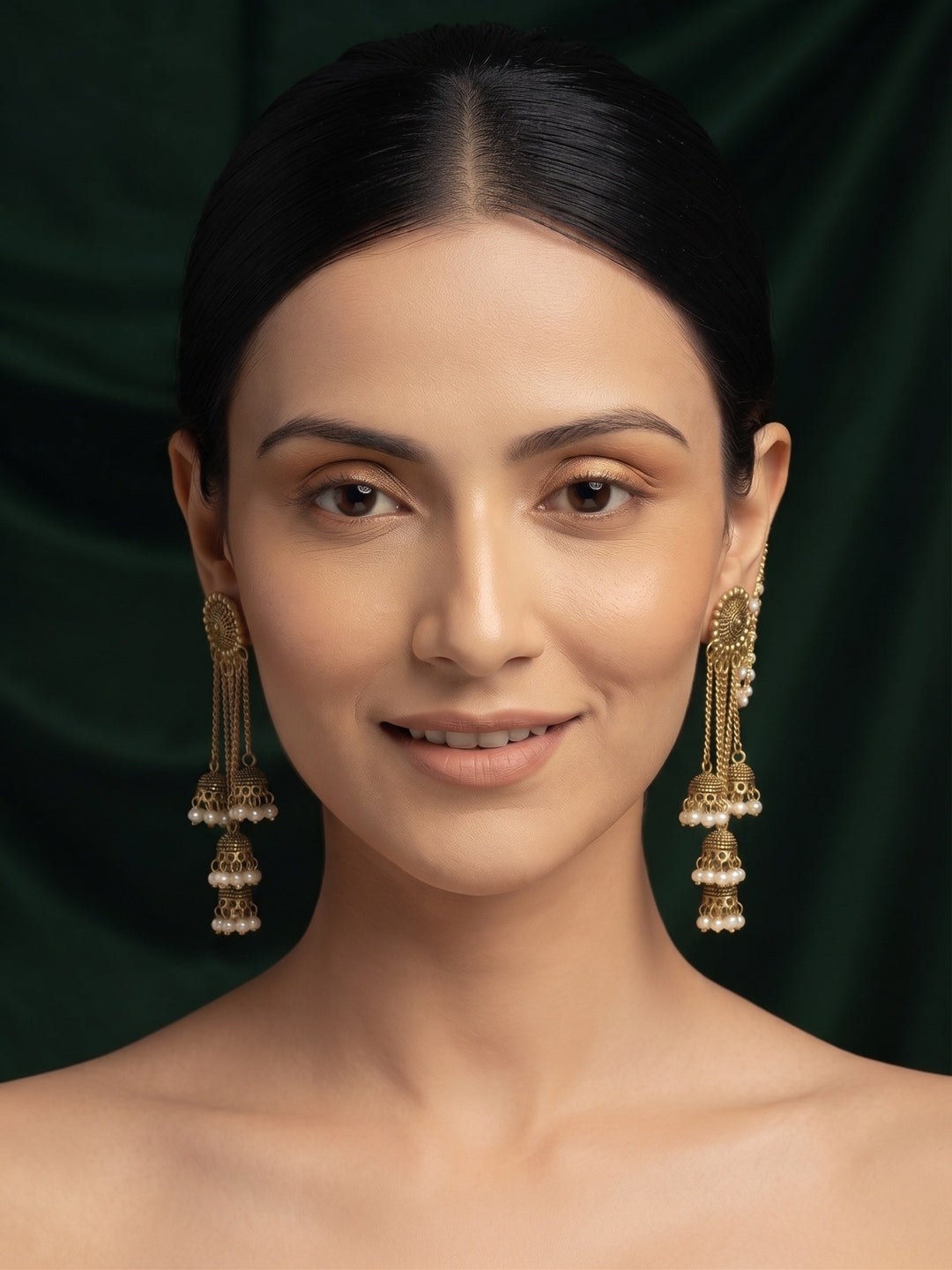 Gold-Toned Pearl-Embellished Layered Chain Jhumka Statement Earrings