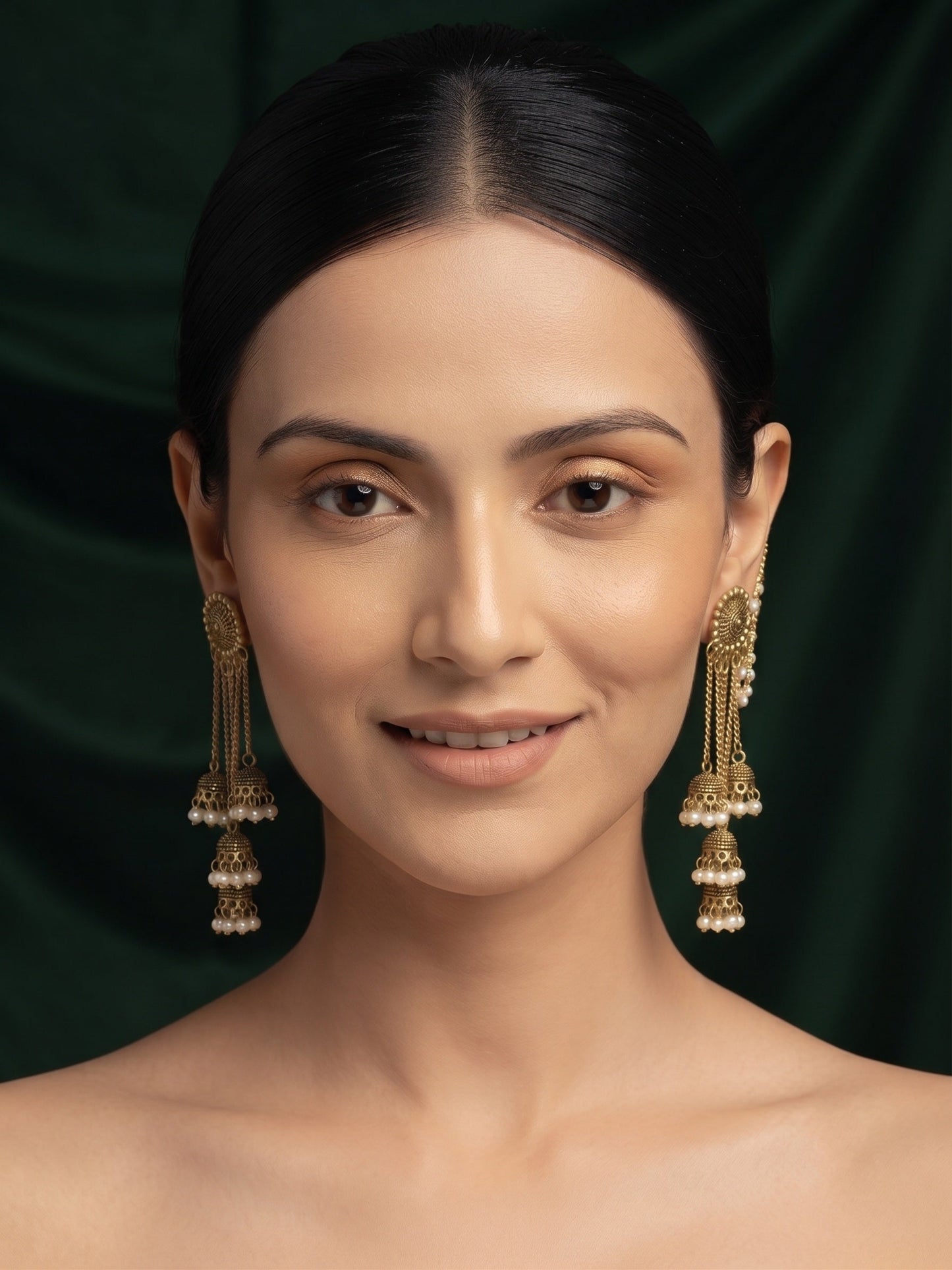 Gold-Toned Pearl-Embellished Layered Chain Jhumka Statement Earrings