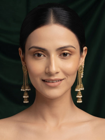 Gold-Toned Pearl-Embellished Layered Chain Jhumka Statement Earrings