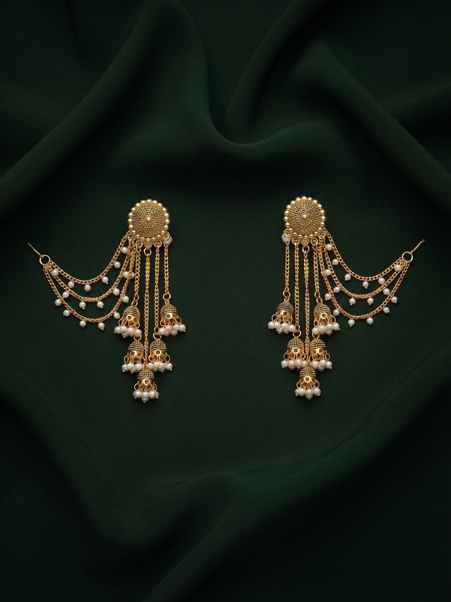 Gold-Toned Pearl-Embellished Layered Chain Jhumka Statement Earrings