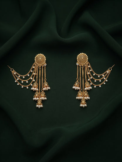Gold-Toned Pearl-Embellished Layered Chain Jhumka Statement Earrings