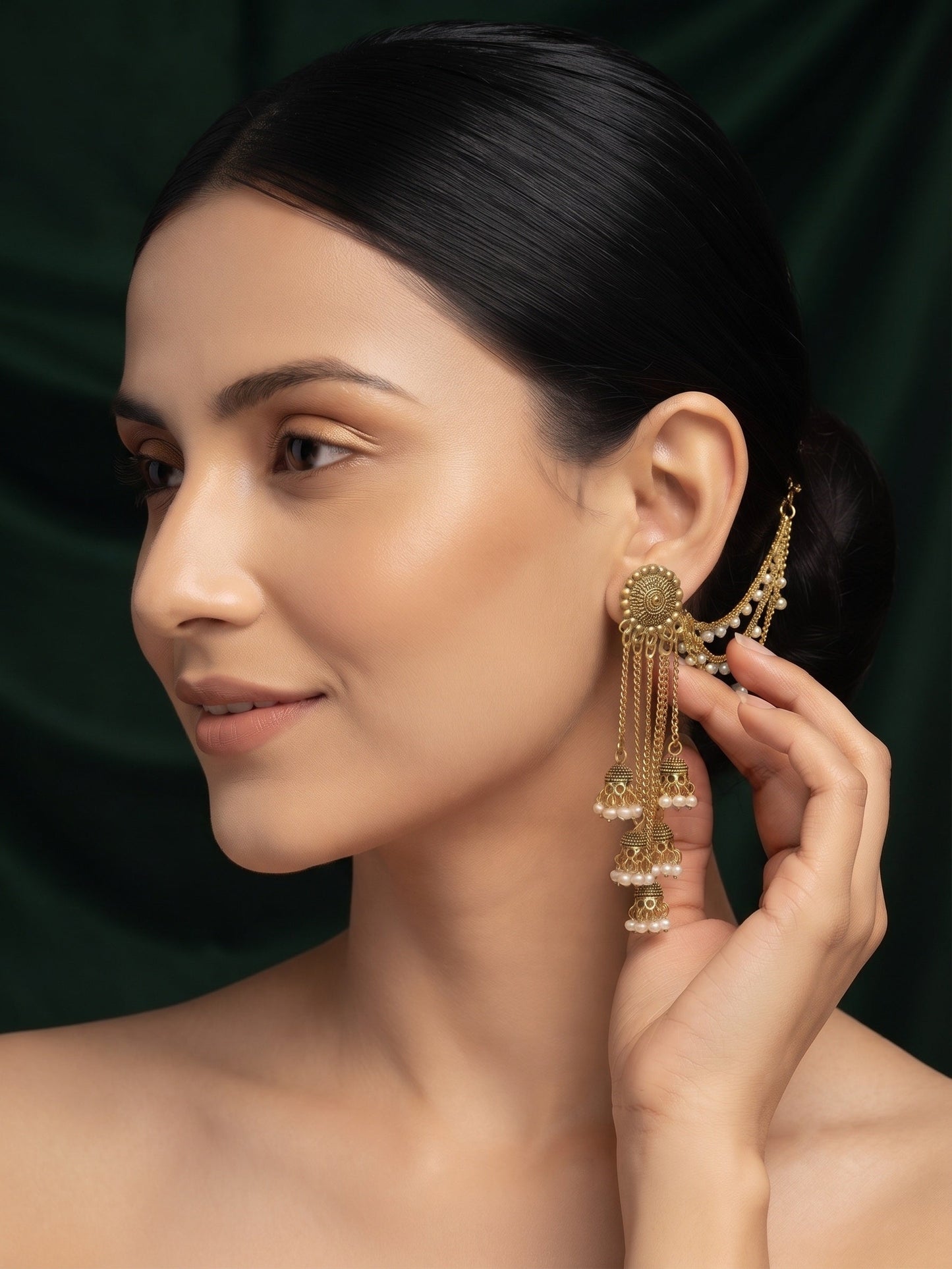 Gold-Toned Pearl-Embellished Layered Chain Jhumka Statement Earrings