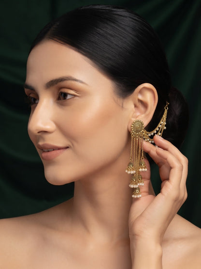 Gold-Toned Pearl-Embellished Layered Chain Jhumka Statement Earrings