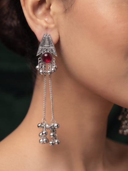 Silver-Toned Oxidised Long Chain Drop Earrings with Ghungroo Charms