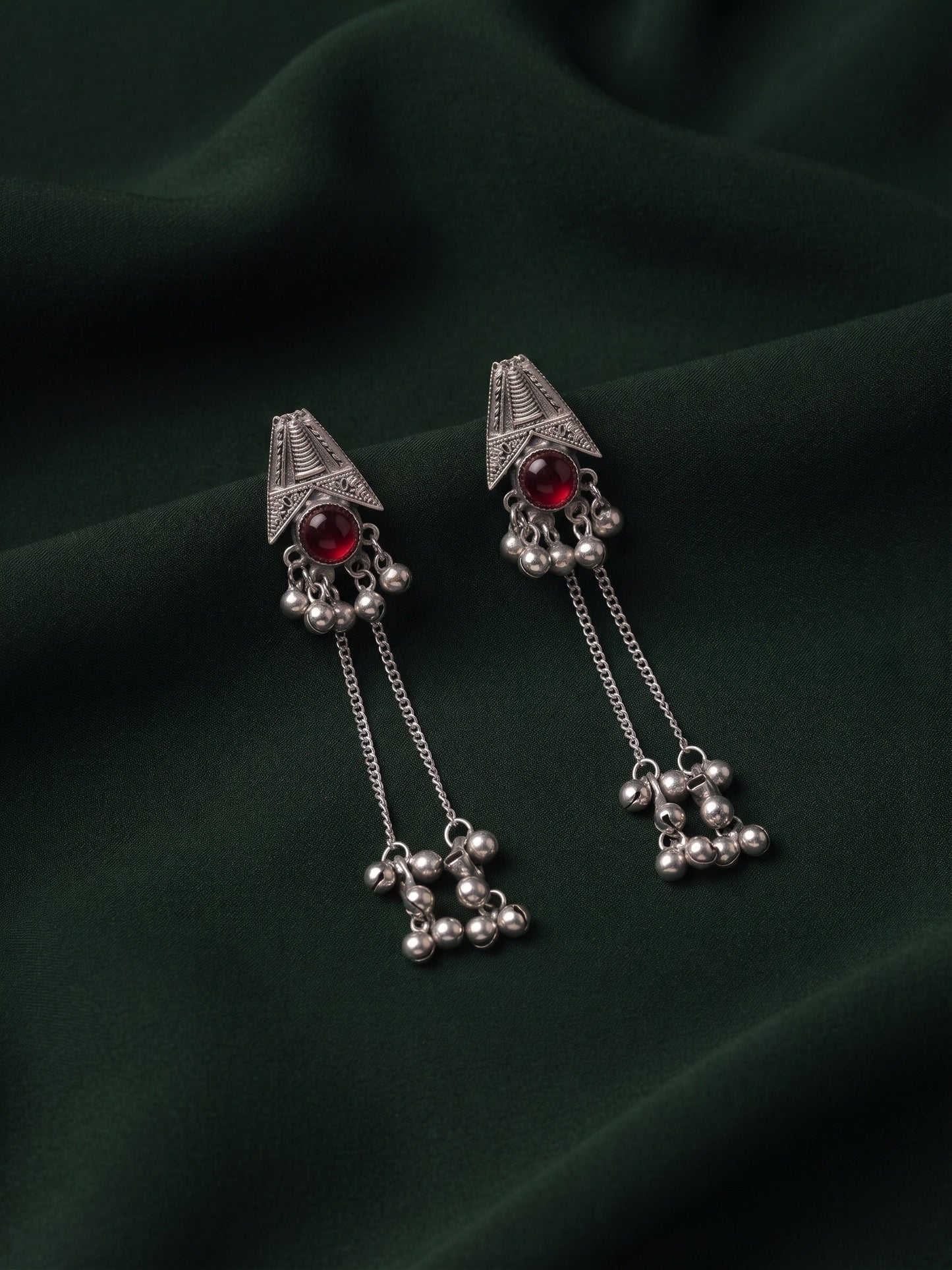 Silver-Toned Oxidised Long Chain Drop Earrings with Ghungroo Charms