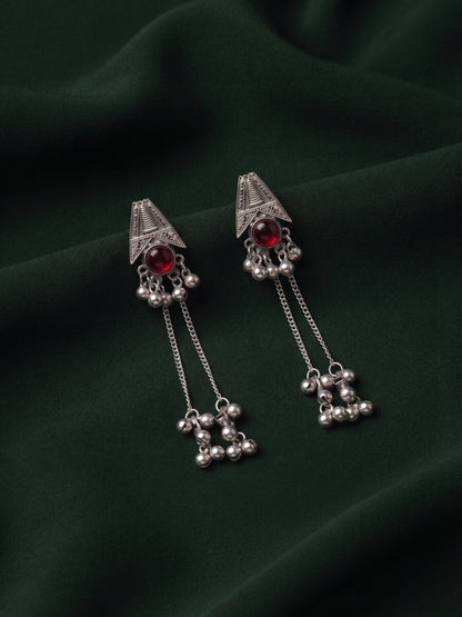 Silver-Toned Oxidised Long Chain Drop Earrings with Ghungroo Charms