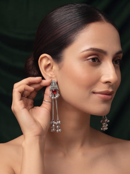 Silver-Toned Oxidised Long Chain Drop Earrings with Ghungroo Charms