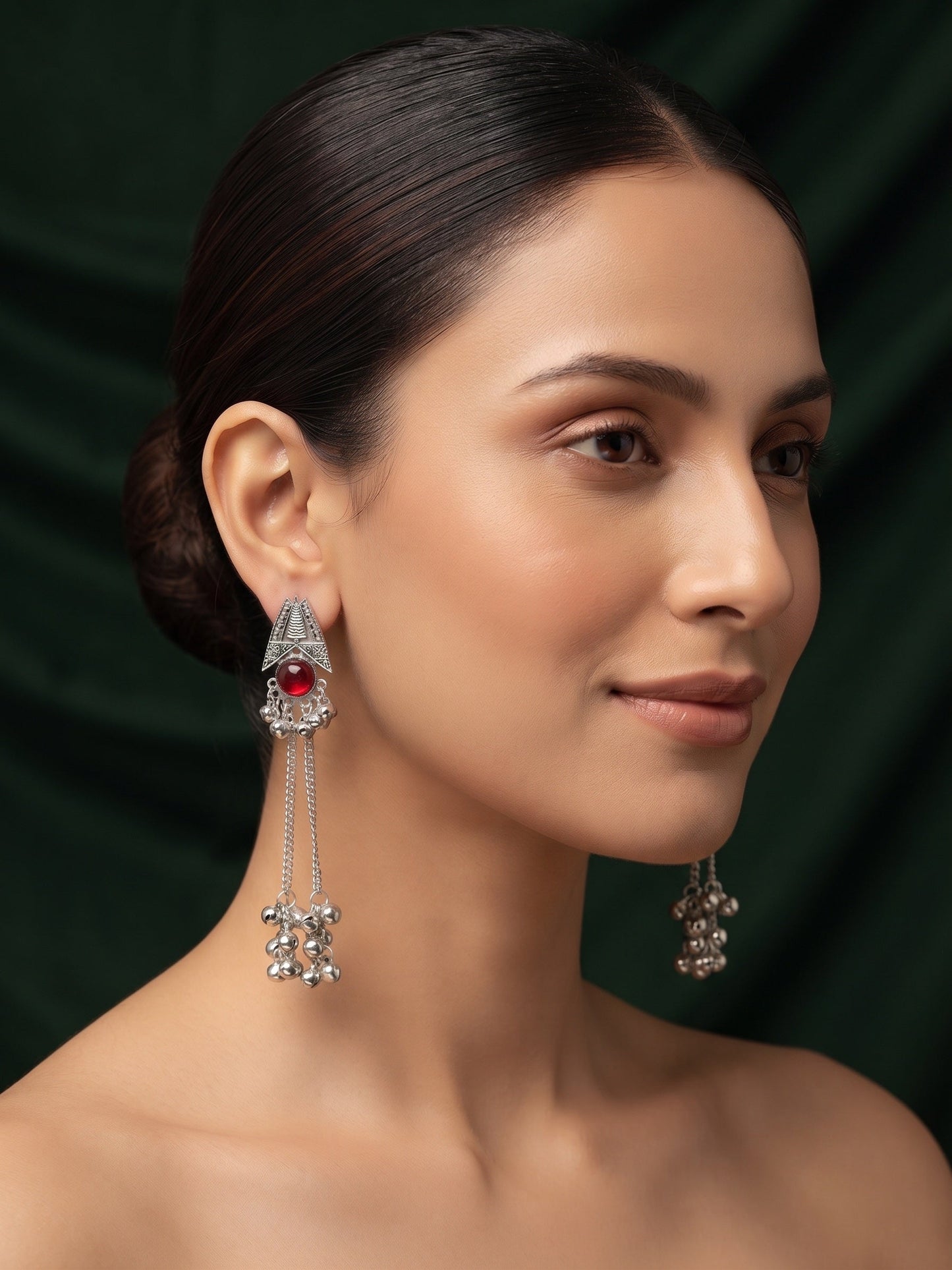 Silver-Toned Oxidised Long Chain Drop Earrings with Ghungroo Charms