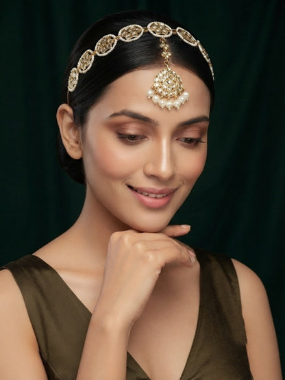 Gold Plated Kundan Studded Pearls Beaded Traditional Hair Accessory