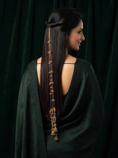 Women Gold-Toned Long Hair Chain Accessory with Tassel Detailing