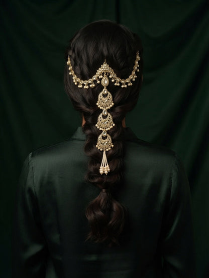 Gold Plated Kundan Studded Pearls Beaded Traditional Hair Accessory