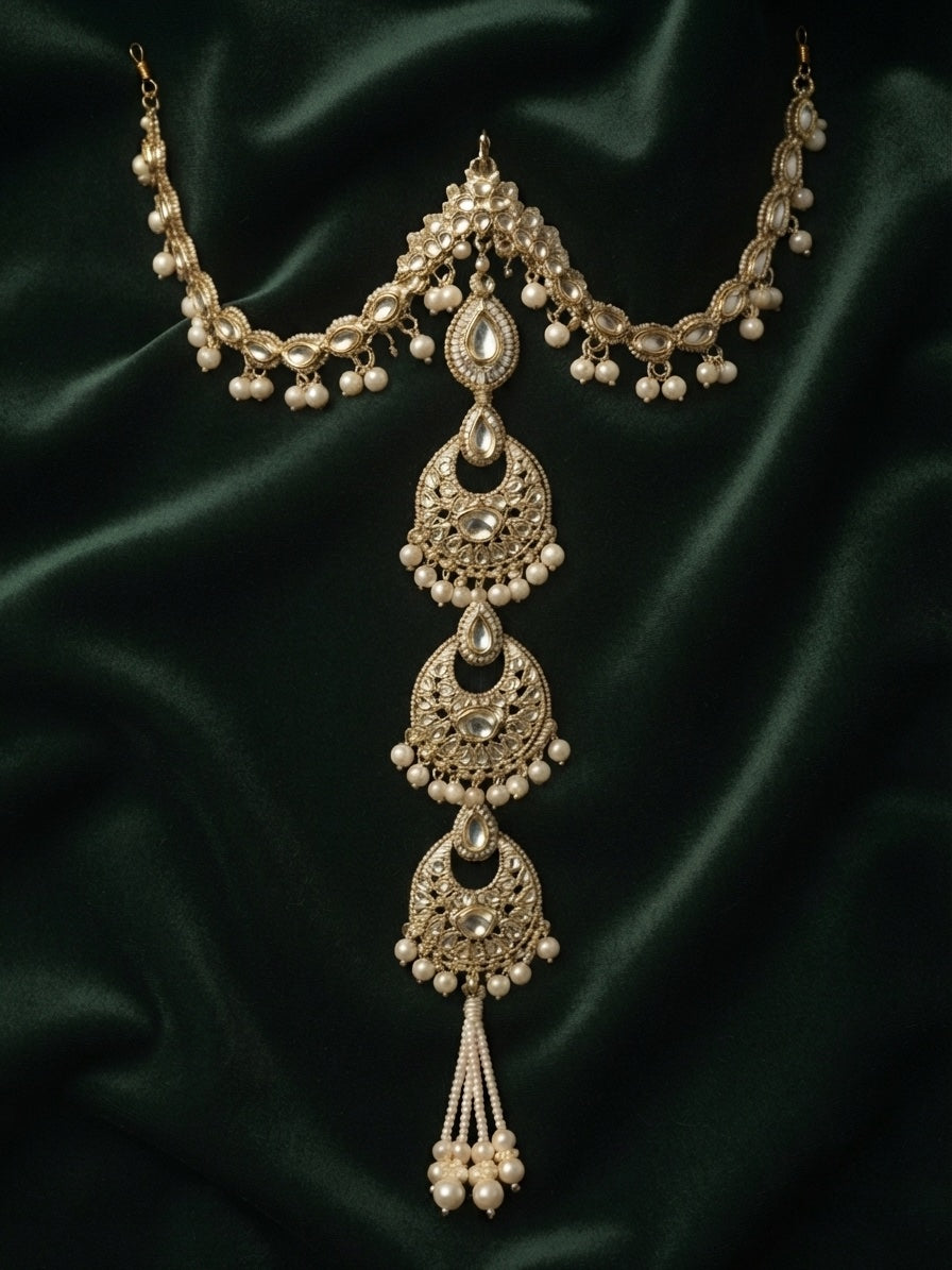 Gold Plated Kundan Studded Pearls Beaded Traditional Hair Accessory