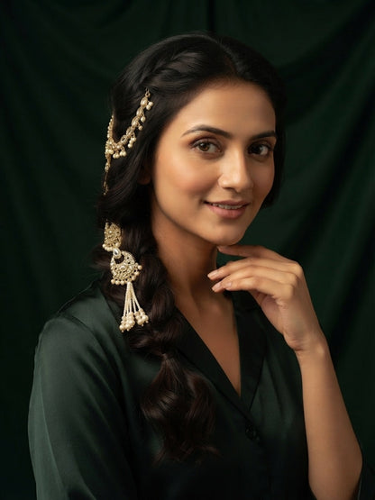 Gold Plated Kundan Studded Pearls Beaded Traditional Hair Accessory