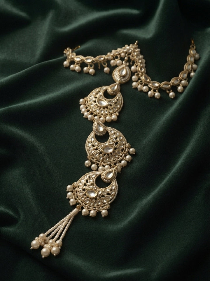 Gold Plated Kundan Studded Pearls Beaded Traditional Hair Accessory