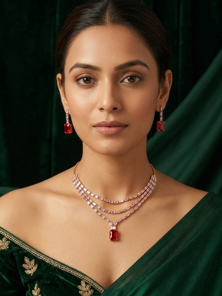 Women Layered Daimond Necklace With Earings Set