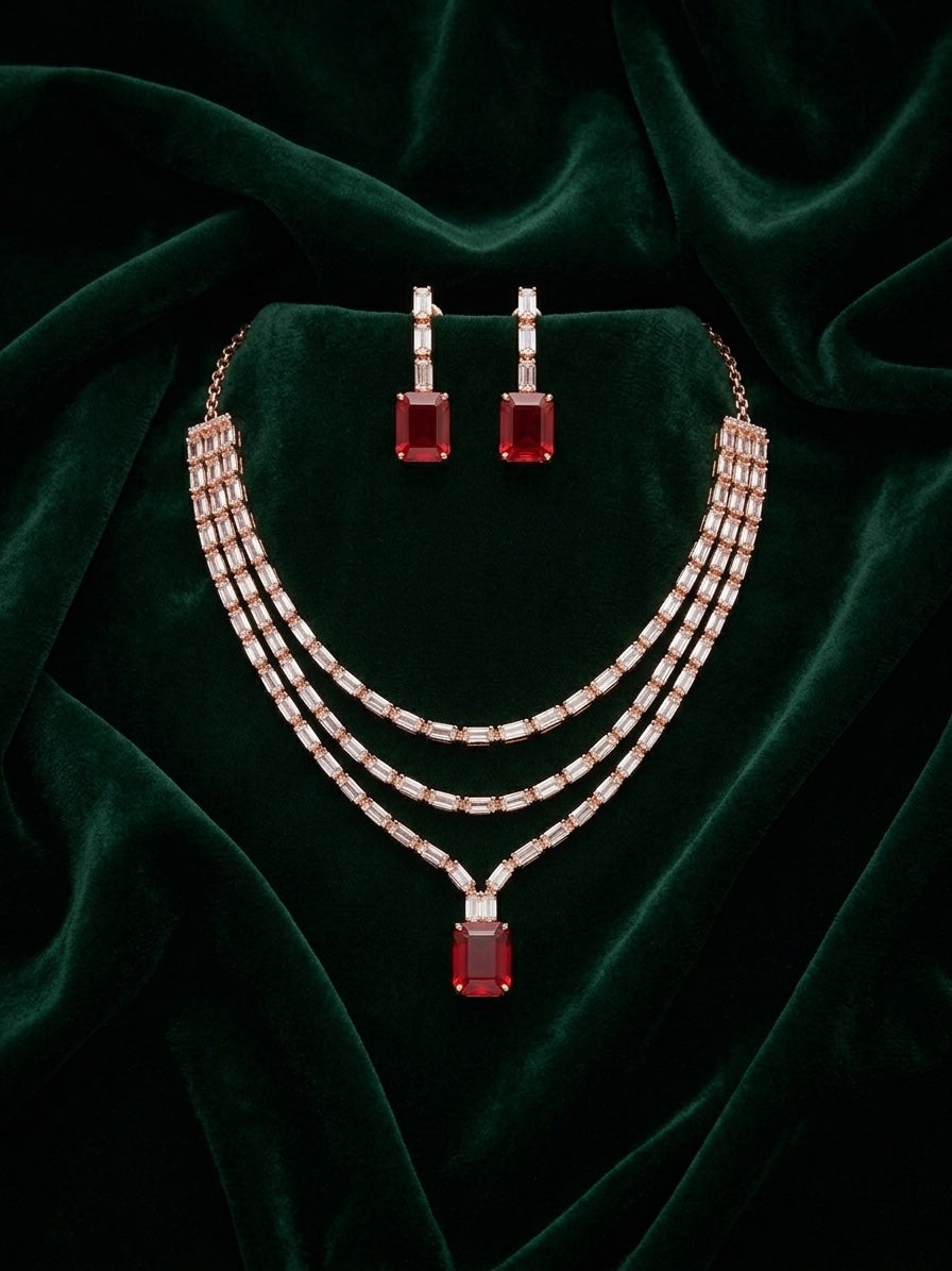 Women Layered Daimond Necklace With Earings Set