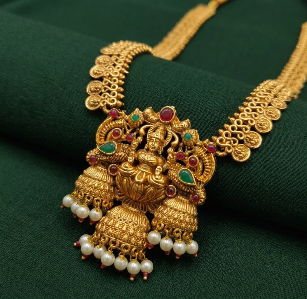 Women Gold Plated Statement  Necklace With Jhumka Set