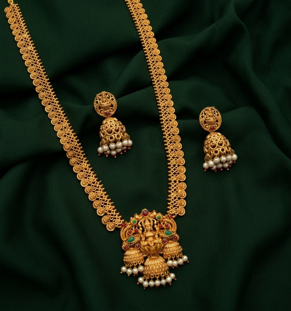 Women Gold Plated Statement  Necklace With Jhumka Set