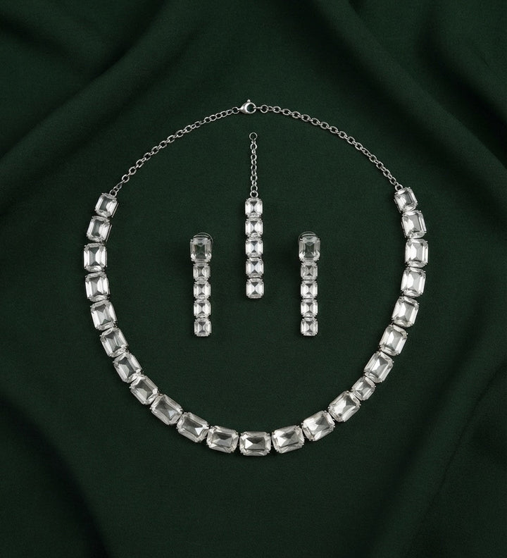 Silver Plated Kundan Necklace With Earings &amp; Mang Tika Set