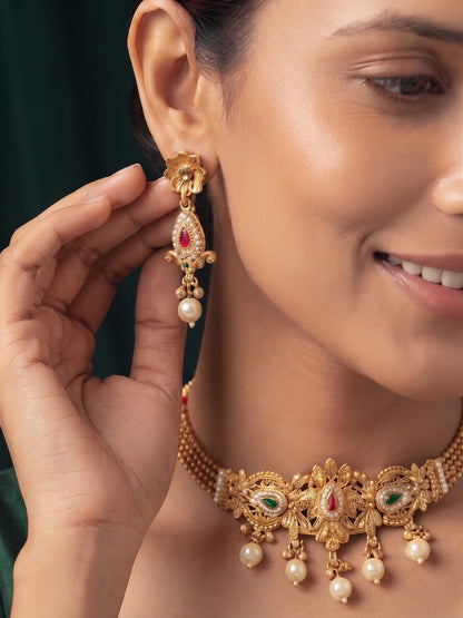 Women Gold Plated Fancy Beaded Choker Jewellery Set