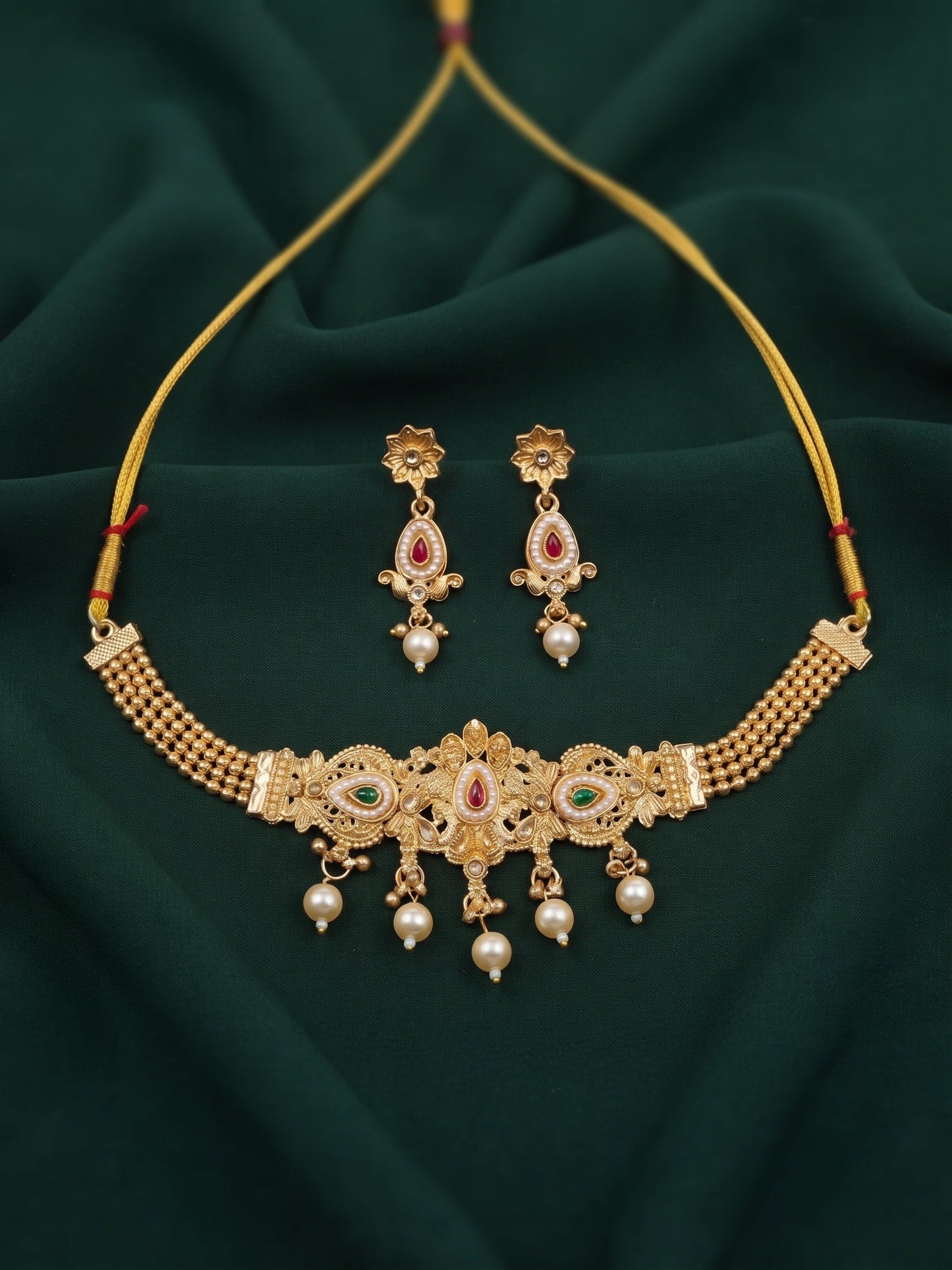 Women Gold Plated Fancy Beaded Choker Jewellery Set