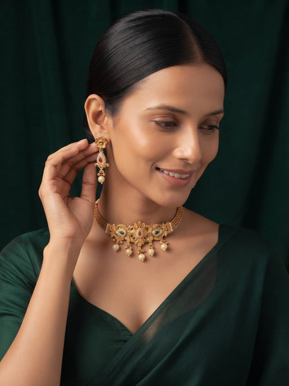 Women Gold Plated Fancy Beaded Choker Jewellery Set