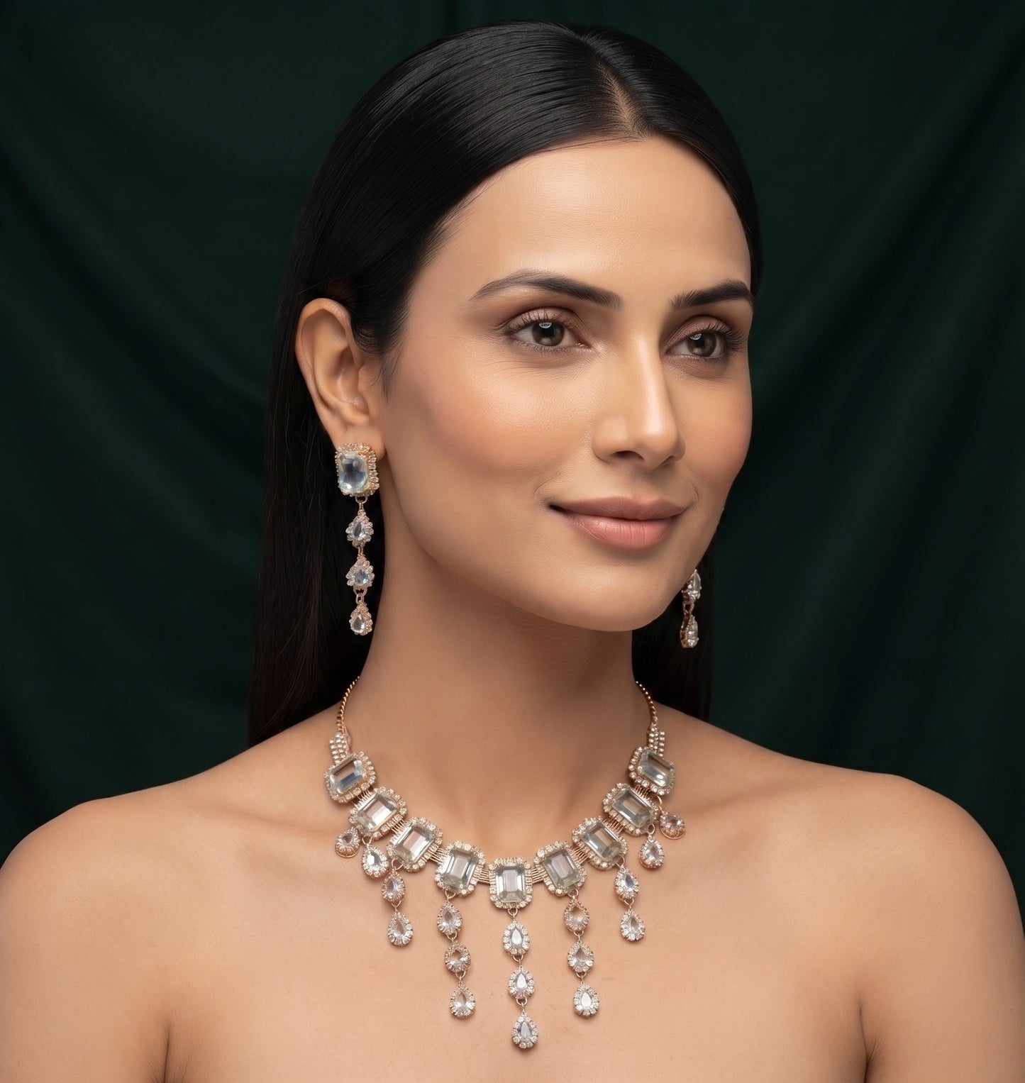 Rose Gold Plated Kundan & Diamond Jewellery Set