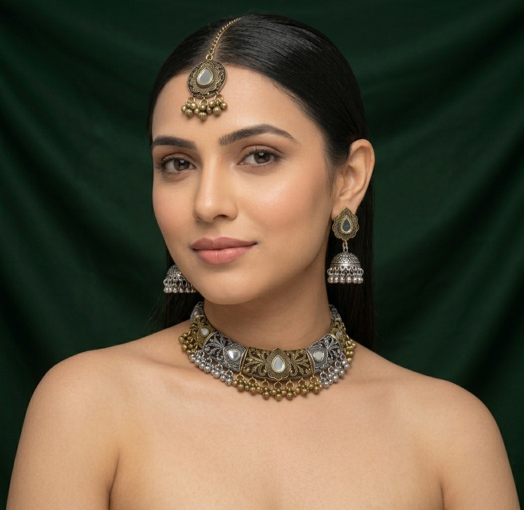 Women Silver & Gold Toned Traditional Jewellery Set