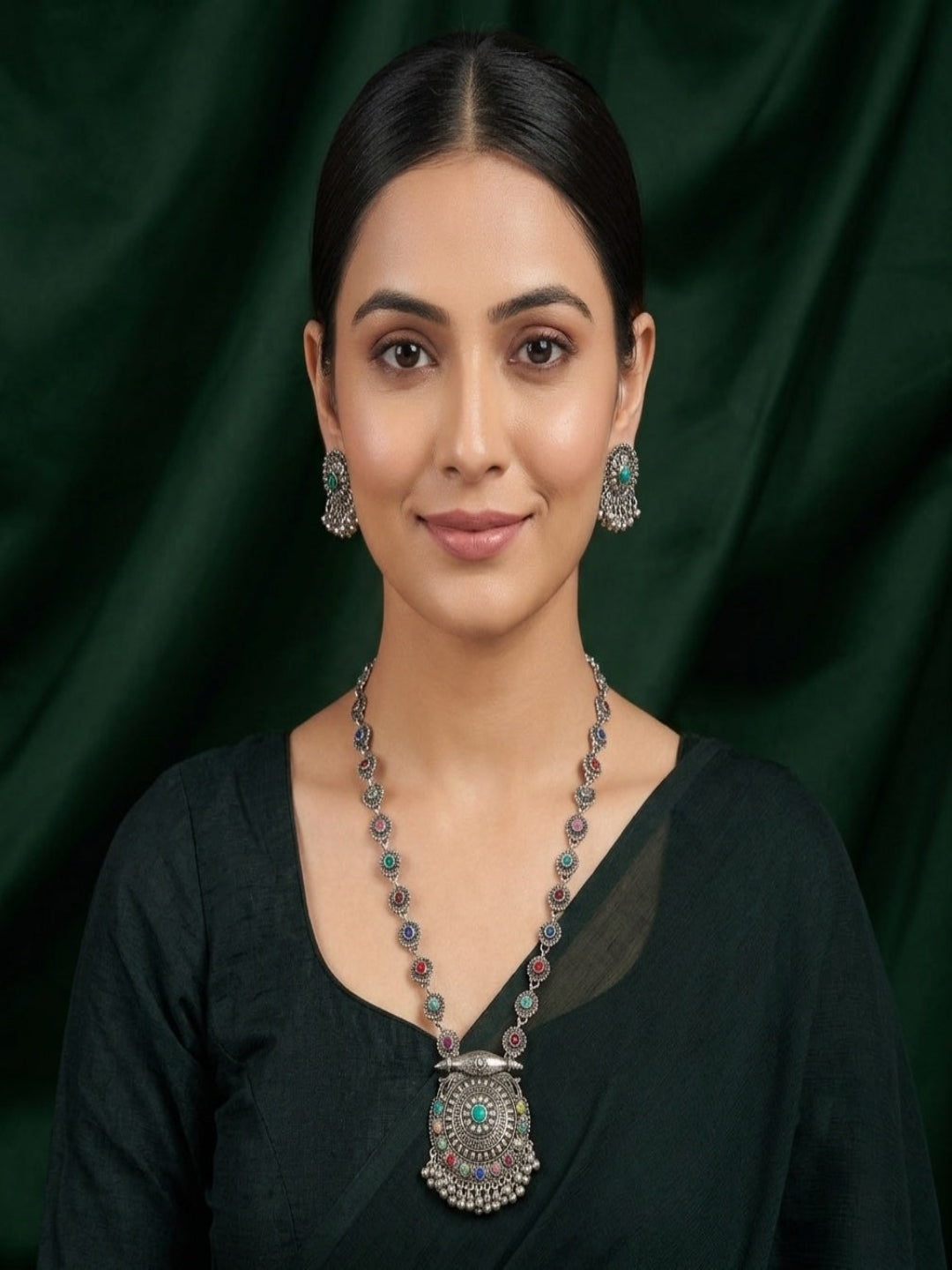 Women Silver Plated Rani Har Jewellery Set