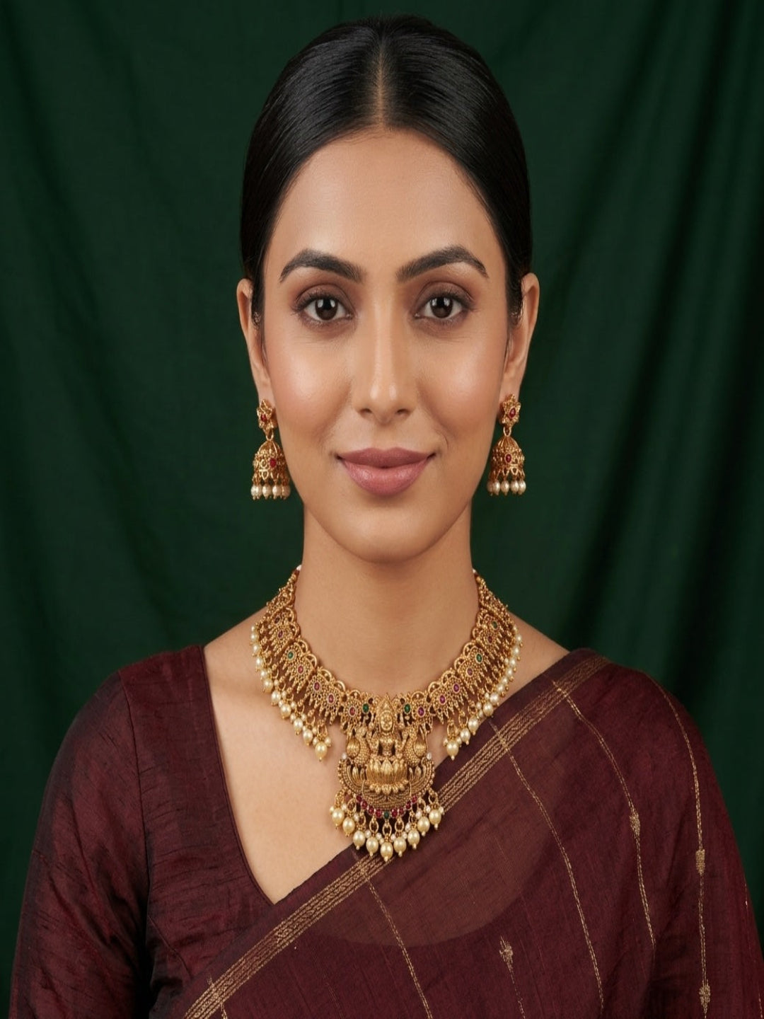Women Gold Plated Traditional Tample Jewellery Set