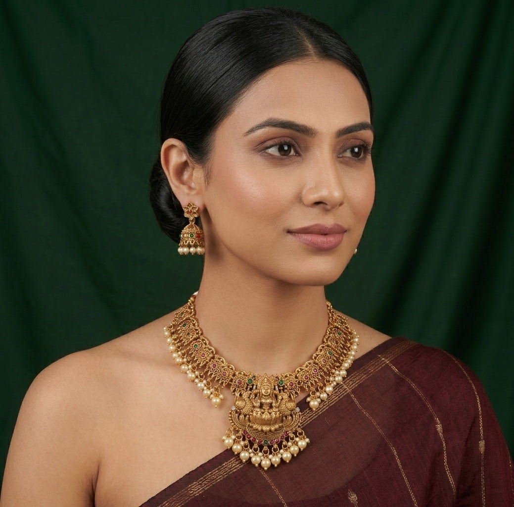 Women Gold Plated Traditional Tample Jewellery Set