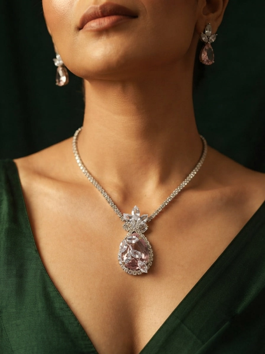 Women Silver Plated Diamond Jewellery Set