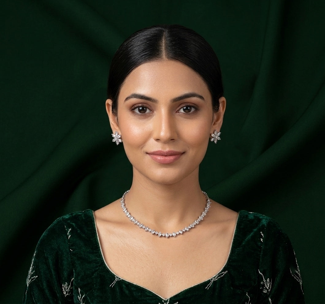 Women Silver Plated Diamond Jewellery Set