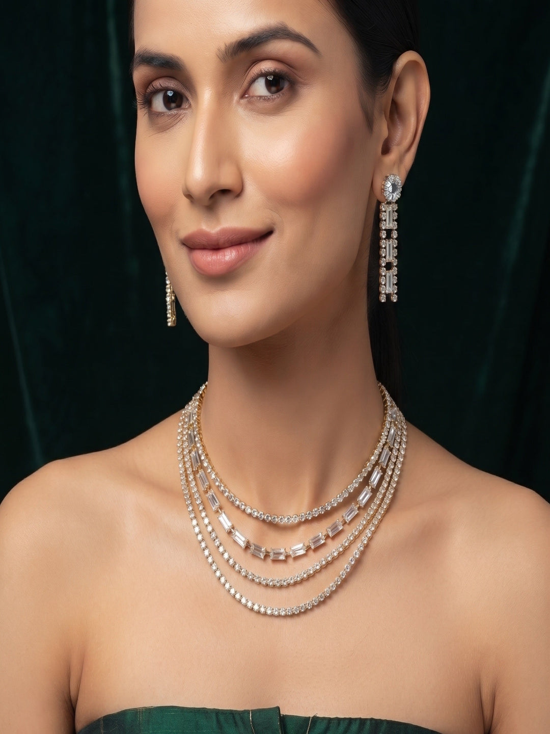 Women Layered Daimond Necklace With Earings Set