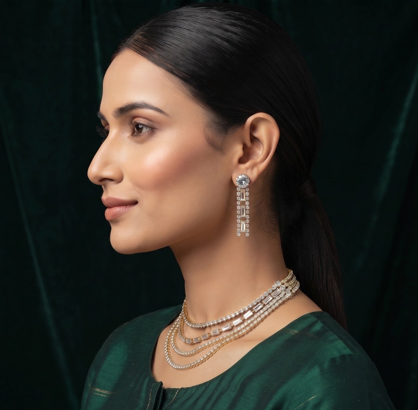 Women Layered Daimond Necklace With Earings Set