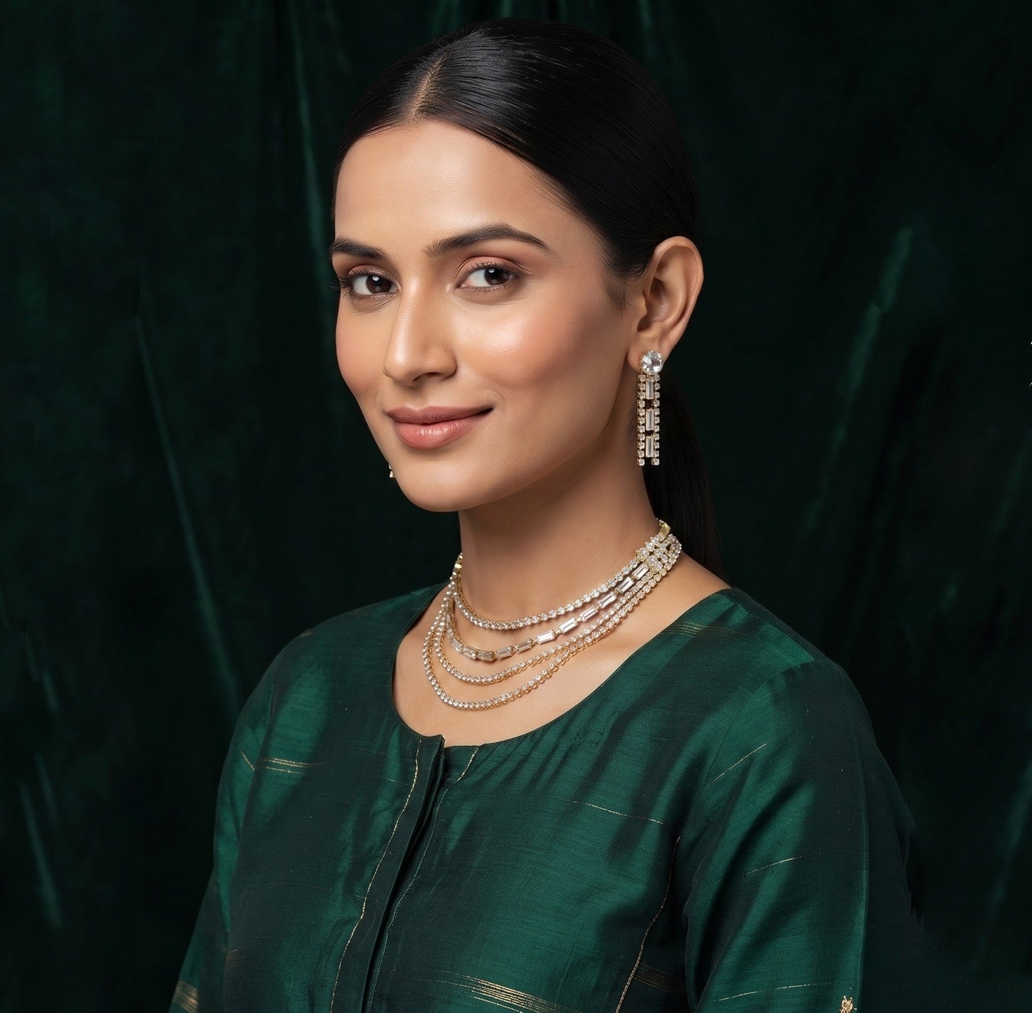 Women Layered Daimond Necklace With Earings Set