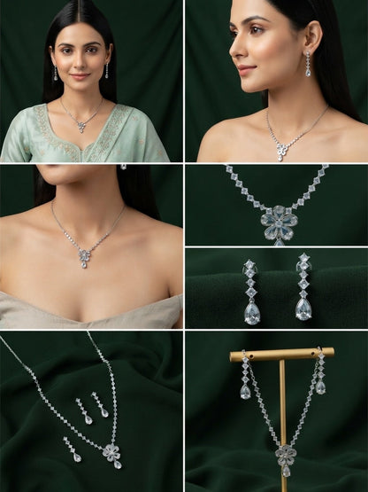 Women Silver Plated Diamond Jewellery Set